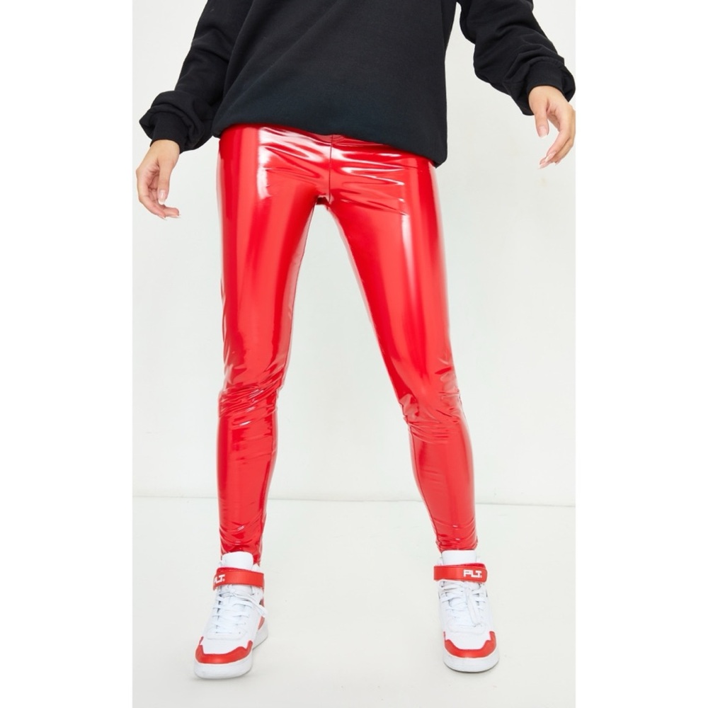 NWT PrettyLittleThing Red Vinyl Pocket Detail Skinny Pants